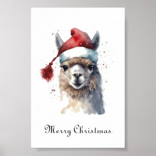 Christmas Llama Watercolor Santa Hat Custom Text Poster