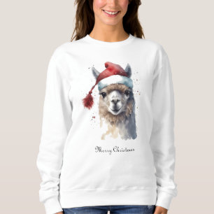 Christmas Llama Watercolor Santa Hat Custom Text Sweatshirt