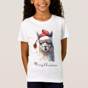 Christmas Llama Watercolor Santa Hat Custom Text T-Shirt