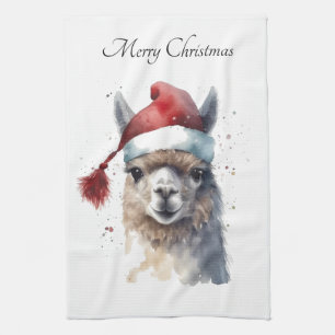 Christmas Llama Watercolor Santa Hat Custom Text Tea Towel
