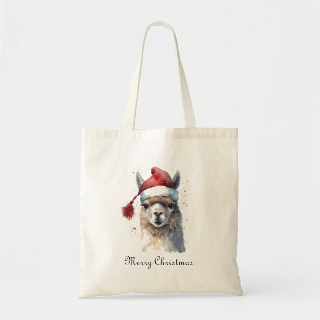 Christmas Llama Watercolor Santa Hat Custom Text Tote Bag (Front)