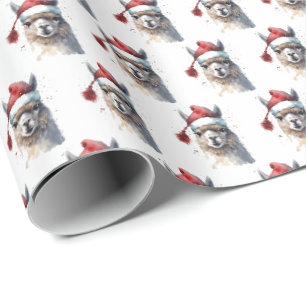 Christmas Llama Watercolor Santa Hat Pattern Wrapping Paper