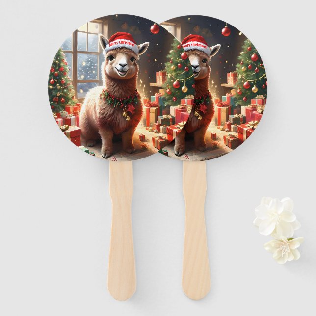 Christmas Llama Wearing Santa Hat, Hand Fan (Front and Back)