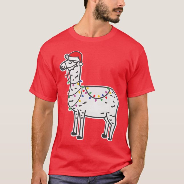 Christmas Llama with Santa Hat and Christmas Light T-Shirt (Front)