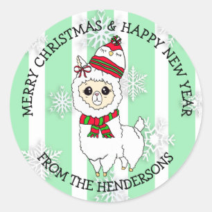 Christmas Llama with Winter Hat Holiday Classic Round Sticker