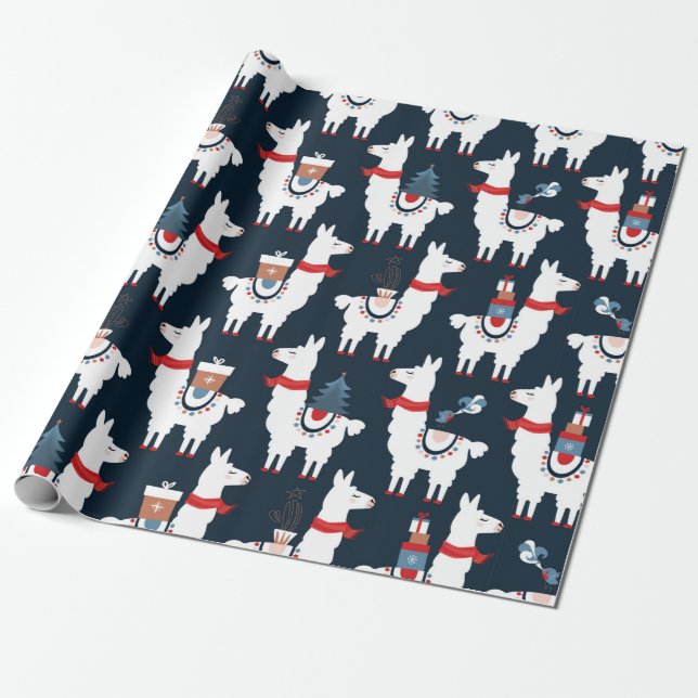 Christmas llamas seamless pattern wrapping paper (Unrolled)