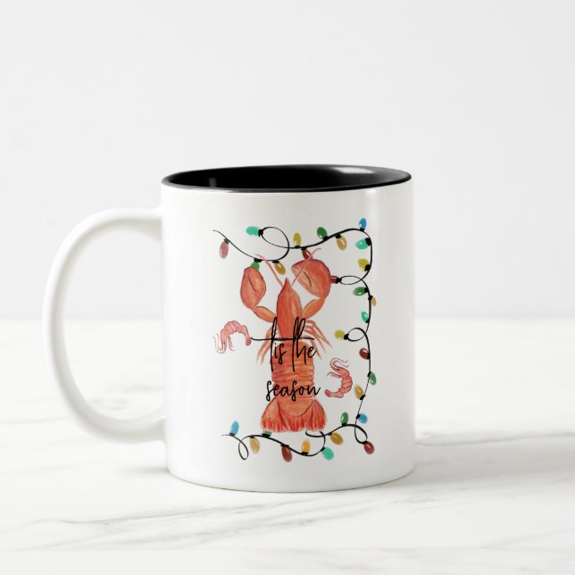 Christmas Lobster Crawfish Crustacean  Watercolor Two-Tone Coffee Mug (Left)