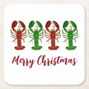 Christmas Lobsters Holiday  Square Paper Coaster