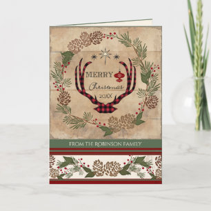 Christmas Lodge Deer Antler Wood Typography Photo Holiday Card