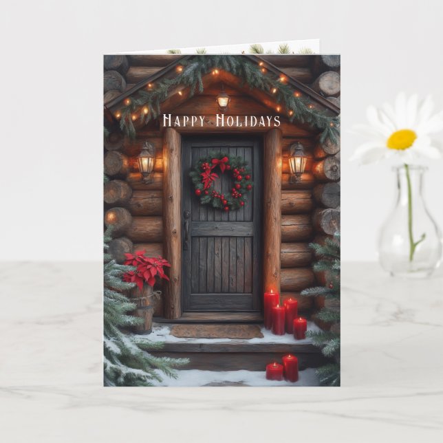 Christmas Log Cabin Pine Trees Red Poinsettia  Card (Small Plant)