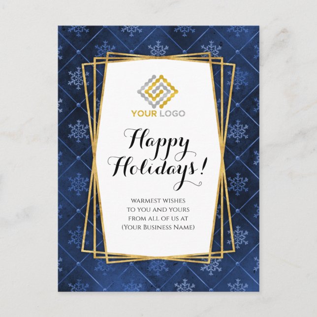 Christmas Logo Blue Gold Snowflakes Business Postcard (Front)