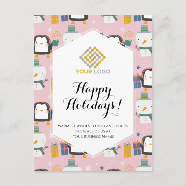 Christmas Logo Cute Penguins Snowmen Business Postcard (Front)