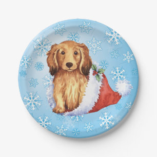 Christmas Longhaired Dachshund Paper Plate
