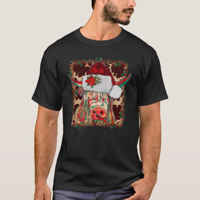 Christmas Longhorn Cow Cute  Christmas Western T-Shirt (Front)