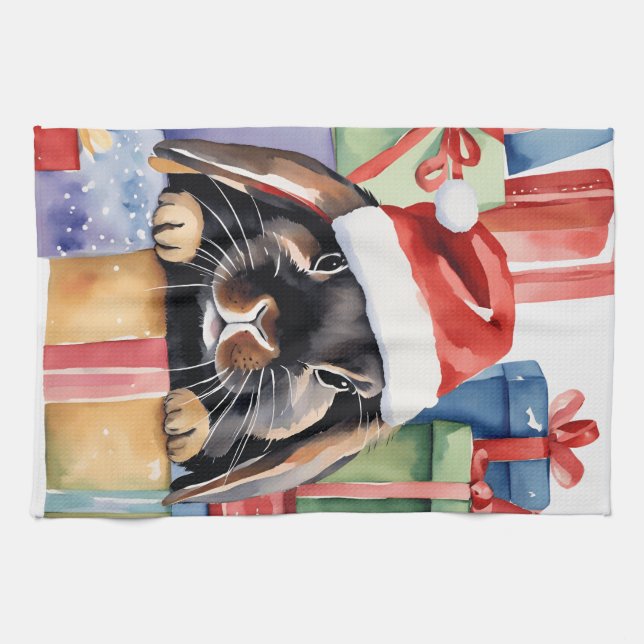 Christmas Lop Bunny Rabbit Tea Towel (Horizontal)