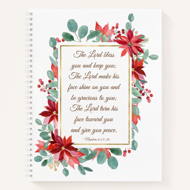 Christmas Lord Bless You Bible Verse Poinsettia Notebook (Front)