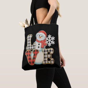 Christmas Love Cute Snowman Buffalo Plaid Winter Tote Bag
