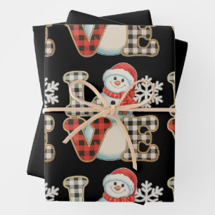 Christmas Love Cute Snowman Buffalo Plaid Winter Wrapping Paper Sheet
