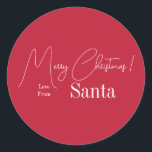 Christmas Love From Santa Modern Red Classic Round Sticker<br><div class="desc">This is a modern, Merry Christmas, Love from Santa, design. It is in festive red and white and has the message, "Merry Christmas! Love From Santa". Ideal for Santa's Christmas gift wrap, mailing accessories, envelope seals, and party favour seals this festive season. Keep it as it is, or customise with...</div>