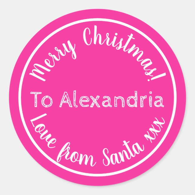 Christmas Love From Santa Personalised Hot Pink Classic Round Sticker (Front)