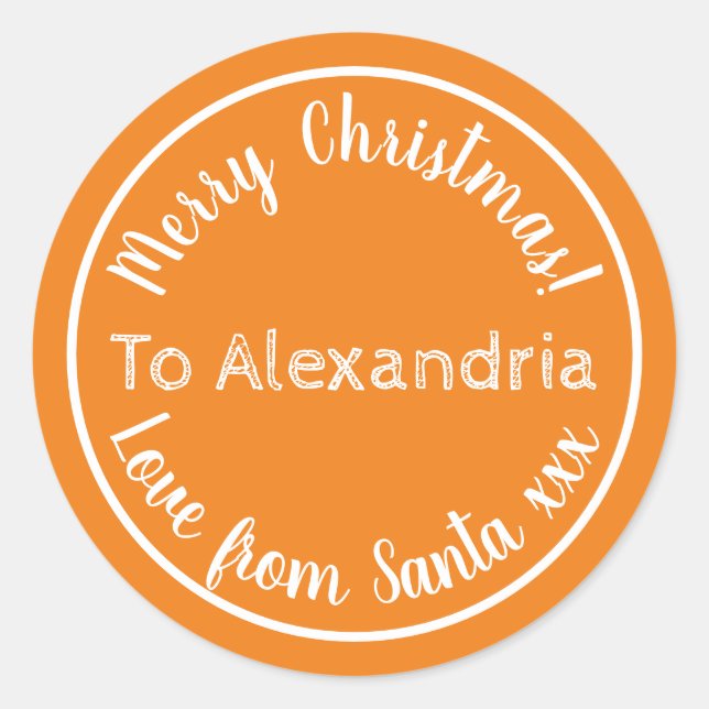 Christmas Love From Santa Personalised Orange Classic Round Sticker (Front)