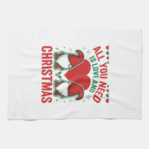 Christmas Love Heart Santa Gnome Design Tea Towel