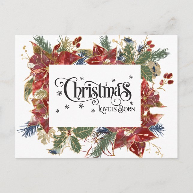 Christmas Love is Born Elegant Red Floral Holiday Postcard (Front)
