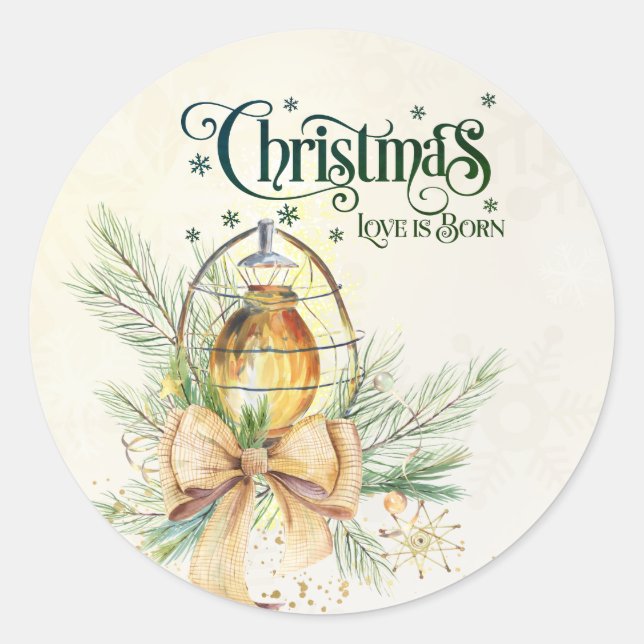 Christmas Love is Born Glowing Lantern Classic Round Sticker (Front)