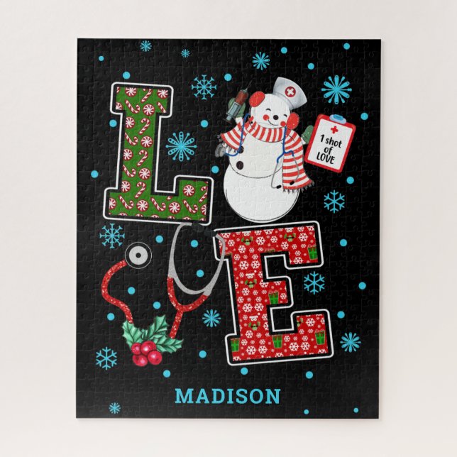 Christmas Love Nurse Cute Medical Snowman Name Jigsaw Puzzle (Vertical)