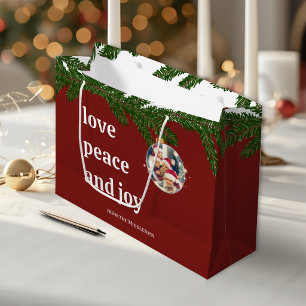 Christmas Love Peace Joy Family Photo Burgundy Red Large Gift Bag