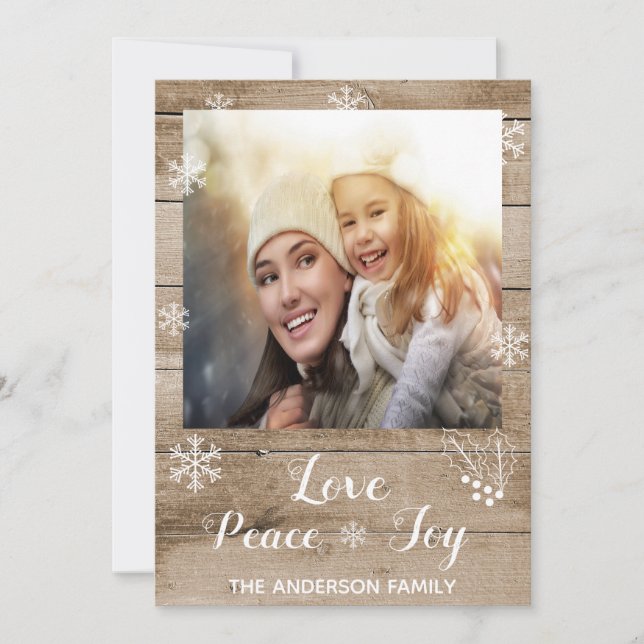 Christmas love peace joy rustic wood photo card (Front)