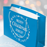 Christmas Love Santa Custom Name Blue Large Gift Bag<br><div class="desc">Create your own 'Love,  Santa' gift bag with this fun and festive design. A stylish template,  personalised with the recipient's name and featuring an illustrated border with snowflakes,  holly,  Christmas stockings and stars. An unique way of presenting a gift to someone special! Colours: blue and white.</div>