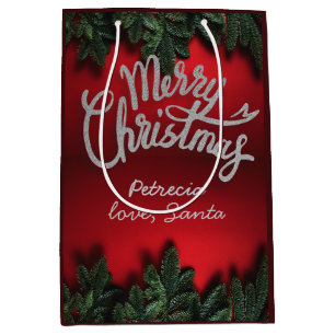 Christmas Love Santa Custom Name Red Medium Gift Bag