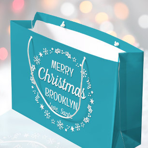 Christmas Love Santa Custom Name Teal Large Gift Bag