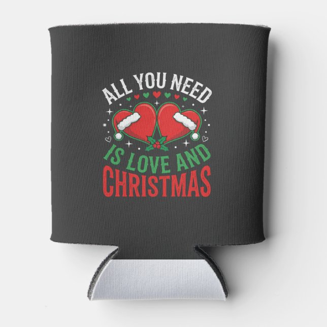 Christmas Love Santa Hat Typography Can Cooler (Front)