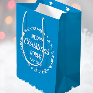 Christmas Love Santa Personalised Name Blue Medium Gift Bag