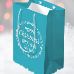 Christmas Love Santa Personalised Name Teal Medium Gift Bag<br><div class="desc">Create your own 'Love,  Santa' gift bag with this fun and festive design! A stylish template,  personalised with the recipient's name and featuring an illustrated border with snowflakes,  holly,  Christmas stockings and stars. An unique way of presenting a gift to someone special! Colours: blue-green teal and white.</div>