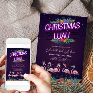 Christmas Luau Neon Flamingo Invitation Card