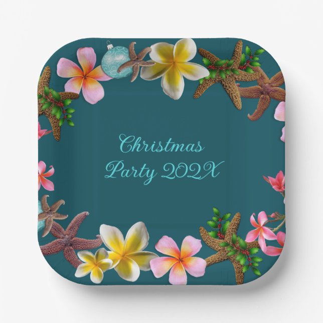 Christmas Luau Starfish Hawaiian Flowers Paper Plate (Front)