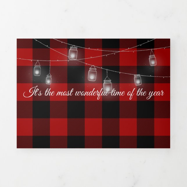 Christmas Lumberjack Plaid with light string Tri-Fold Holiday Card (Cover)