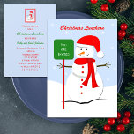 Christmas Luncheon Invitation Snowman<br><div class="desc">This Christmas luncheon invitation features a cute snowman holding a Christmas green sign which says "You are Invited." The snowman is wearing a red Santa hat and red scarf with coordinating red buttons. A beautiful blue sky is in the background with some white snowflakes falling. The back of the invitation...</div>