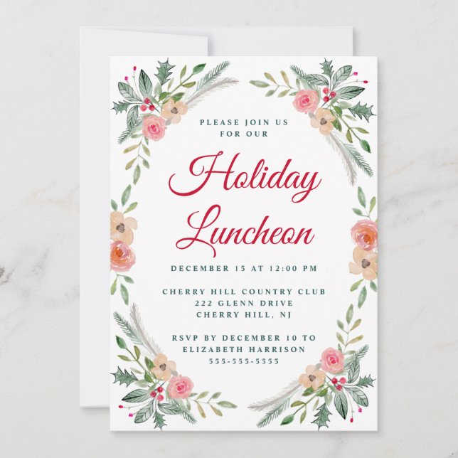 Christmas Luncheon Winter Floral Watercolor Invitation (Front)