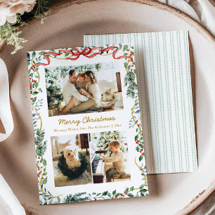 Christmas Lush Winter Greenery & Red Bow 3 Photo Holiday Card