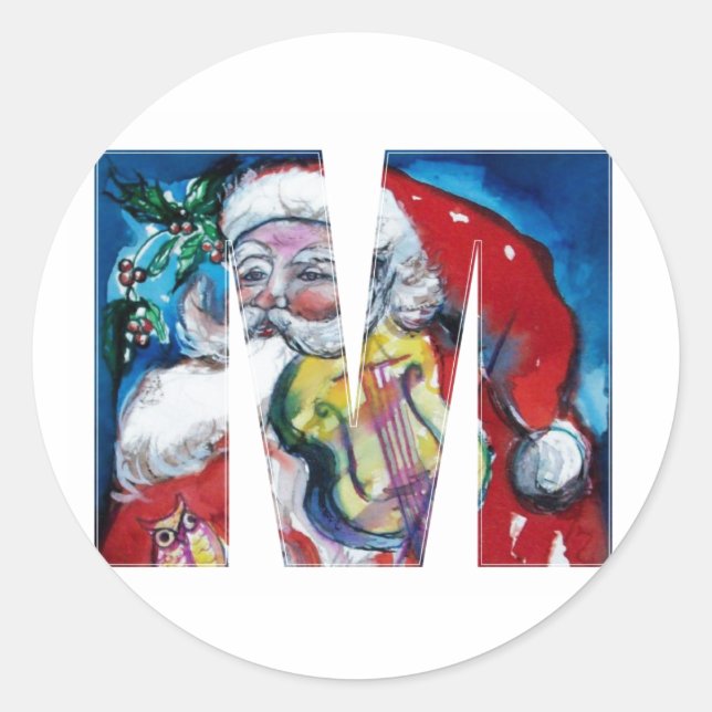 CHRISTMAS M LETTER  / SANTA WITH VIOLIN MONOGRAM CLASSIC ROUND STICKER (Front)