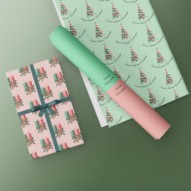 Christmas Macaron Trees and Candles Custom Message Wrapping Paper Sheet (Creator Uploaded)