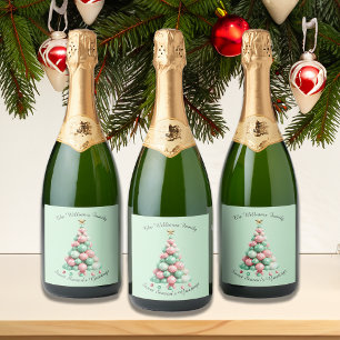Christmas Macaron Trees Custom Name and Message Sparkling Wine Label