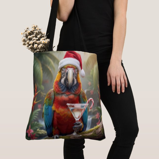 Christmas Macaw Parrot With Martini Cocktail Tote Bag (Close Up)