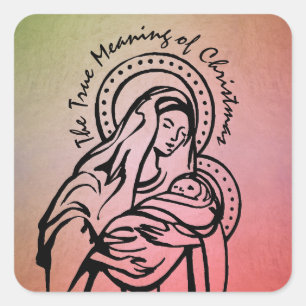 Christmas Madonna and Child Quote Red Green Square Sticker