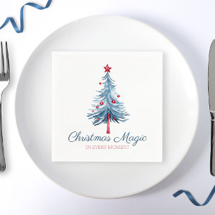 Christmas Magic Blue and Red Watercolor Tree Napkin