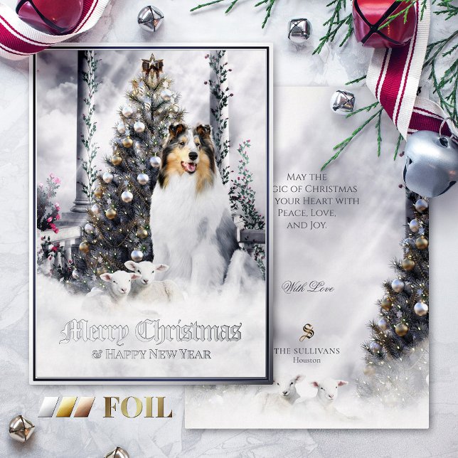 Christmas Magic, Blue Merle Rough Collie & Lambs - Foil Holiday Card (Creator Uploaded)